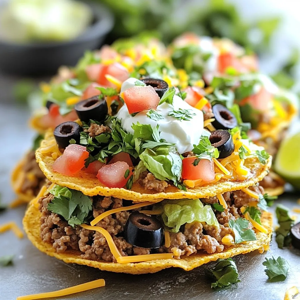 To make delicious Minute Beef Tostadas, you will need these key ingredients: - 1 lb ground beef - 1 tablespoon taco seasoning - 8 tostada shells - 1 cup refried beans - 1 cup shredded lettuce - 1 cup diced tomatoes - 1/2 cup shredded cheddar cheese - 1/4 cup sour cream - 1/4 cup sliced black olives - Fresh cilantro for garnish - Lime wedges for serving These ingredients bring together a mix of flavors and textures. The ground beef provides a hearty base, while the refried beans add creaminess. Tostada shells give a delightful crunch, and the fresh veggies add color and freshness. You can customize your tostadas with these optional toppings: - Sliced jalapeños for heat - Avocado slices for creaminess - Pico de gallo for freshness These toppings let you adjust the flavor to your liking. Feel free to mix and match to create your perfect meal. One serving of Minute Beef Tostadas provides: - Calories: Approximately 500 - Protein: 25g - Carbohydrates: 40g - Fat: 25g - Fiber: 8g This dish offers a satisfying mix of protein and carbs. The vegetables add fiber and nutrients, making it a balanced meal option. {{ingredient_image_2}} First, heat a skillet over medium heat. Add 1 pound of ground beef to the skillet. Cook it for 5-7 minutes. Use a spatula to break it apart while cooking. Make sure there is no pink left in the meat. Once it’s brown, sprinkle in 1 tablespoon of taco seasoning. Pour in 2 tablespoons of water to keep it moist. Cook for another 2-3 minutes while stirring. This mixes the flavors well. Now, your beef is ready. Next, preheat your oven to 375°F (190°C). Take 8 tostada shells and place them on a baking sheet. Bake them for about 5 minutes. You want them crispy and warm. This step makes a great base for your toppings. Now, let’s build the tostadas. Start with a crispy tostada shell. Spread a layer of 1 cup of refried beans on top. Then add a scoop of the seasoned beef mixture. Make sure you cover it well. Next, pile on 1 cup of shredded lettuce and 1 cup of diced tomatoes. This adds color and crunch. Sprinkle 1/2 cup of shredded cheddar cheese on top for extra flavor. Finish with a dollop of 1/4 cup of sour cream and some sliced black olives. Garnish with fresh cilantro. Serve with lime wedges to squeeze over for a zesty kick. Enjoy your delicious, homemade minute beef tostadas! To get crispy tostadas, start with fresh shells. Bake them at 375°F for about five minutes. Keep an eye on them to avoid burning. The right baking time makes a big difference. If you want extra crunch, try frying them in oil. Just be careful not to over fry. When you cook ground beef, break it apart well. This helps it cook evenly. Use taco seasoning for great flavor. Add a bit of water to keep it moist. Stir while cooking, and let it simmer for a few minutes. This ensures the beef is flavorful and tender. Don't skip this step; it makes your tostadas shine. Arrange your tostadas on a bright platter. Place lime wedges in a small bowl for easy access. This lets guests add their own zing. For a fun touch, let everyone build their own tostadas. Serve with a side of extra toppings. You can use salsa, avocado, or jalapeños for more flavor. Pro Tips Choose Quality Beef: Opt for lean ground beef to keep the dish healthier, while still enjoying that rich flavor. You can also substitute with turkey or plant-based alternatives for a lighter option. Customize Your Toppings: Feel free to get creative with toppings! Avocado, jalapeños, or corn can add an exciting twist to your tostadas. Make Ahead: Prepare the beef and refried beans in advance to save time. They can be stored in the refrigerator for up to three days, making weeknight dinners a breeze. Serve Fresh: Assemble the tostadas just before serving to maintain the crispiness of the shells. This ensures a delightful crunch with every bite! {{image_4}} If you want a meatless meal, try using black beans or lentils. Both options pack a protein punch. You can mash the black beans and spread them on the tostada shell. Lentils can be cooked with spices for extra flavor. For a fresh twist, add sautéed veggies like zucchini or bell peppers. These options keep the dish tasty and filling. Beef is great, but you can switch to chicken or turkey for a lighter meal. Ground chicken or turkey cooks quickly and tastes wonderful with taco seasoning. For a unique twist, try shredded pork or beef brisket. Both options offer rich flavors and pair well with toppings. If you want to mix it up, use shrimp or fish for a seafood version. Toppings make your tostadas shine. Beyond lettuce and tomatoes, think outside the box. Add sliced avocado for creaminess or pickled jalapeños for heat. Roasted corn brings sweetness, while fresh mango or pineapple adds a tropical touch. You can also use different cheeses, like queso fresco or feta, to elevate the taste. Experiment with your favorite flavors to create unique combinations. To keep leftover tostadas fresh, store them in an airtight container. Place the tostada shells away from the toppings. This way, they stay crispy. You can keep them in the fridge for up to three days. If you have leftover beef and toppings, store them separately. To reheat your tostadas, use an oven for the best taste. Preheat your oven to 375°F (190°C). Place the tostadas on a baking sheet. Heat for about 5-7 minutes or until warm and crispy. If you only have toppings left, microwave them for 30 seconds. Mix them well before adding to the tostadas. You can freeze the beef mixture for later use. Allow it to cool, then place it in a freezer-safe bag. Squeeze out the air before sealing. It can last up to three months in the freezer. When ready, thaw it in the fridge overnight. Reheat as described above. Tostada shells don't freeze well, so make them fresh. Yes, you can prepare some parts in advance. Cook the beef and store it in the fridge. You can also bake the tostada shells ahead of time. Just keep them in an airtight container. When ready to serve, warm them up and assemble the toppings. This saves time and makes for a quick meal. If you don’t have taco seasoning, use simple spices instead. Combine chili powder, cumin, garlic powder, and paprika. You can adjust the amounts based on your taste. This mix gives the beef a nice flavor without losing the essence of the dish. Feel free to experiment with your favorite spices! Making tostadas from scratch is easy! Start with corn tortillas. Heat oil in a pan over medium heat. Fry each tortilla until it’s crispy and golden brown. This takes about 1-2 minutes on each side. Let them cool on paper towels to absorb excess oil. Now, you have fresh tostada shells ready for your toppings! Minute Beef Tostadas offer a quick and tasty meal. We covered main ingredients, cooking steps, and various tips for crispy shells. You can easily customize them, too, with different toppings or protein. Don't forget about storage to keep leftovers fresh. When questions about preparation arise, I’ve given clear answers. Enjoy making these tostadas. They are simple and delicious. You’ll impress your family and friends with this easy meal!