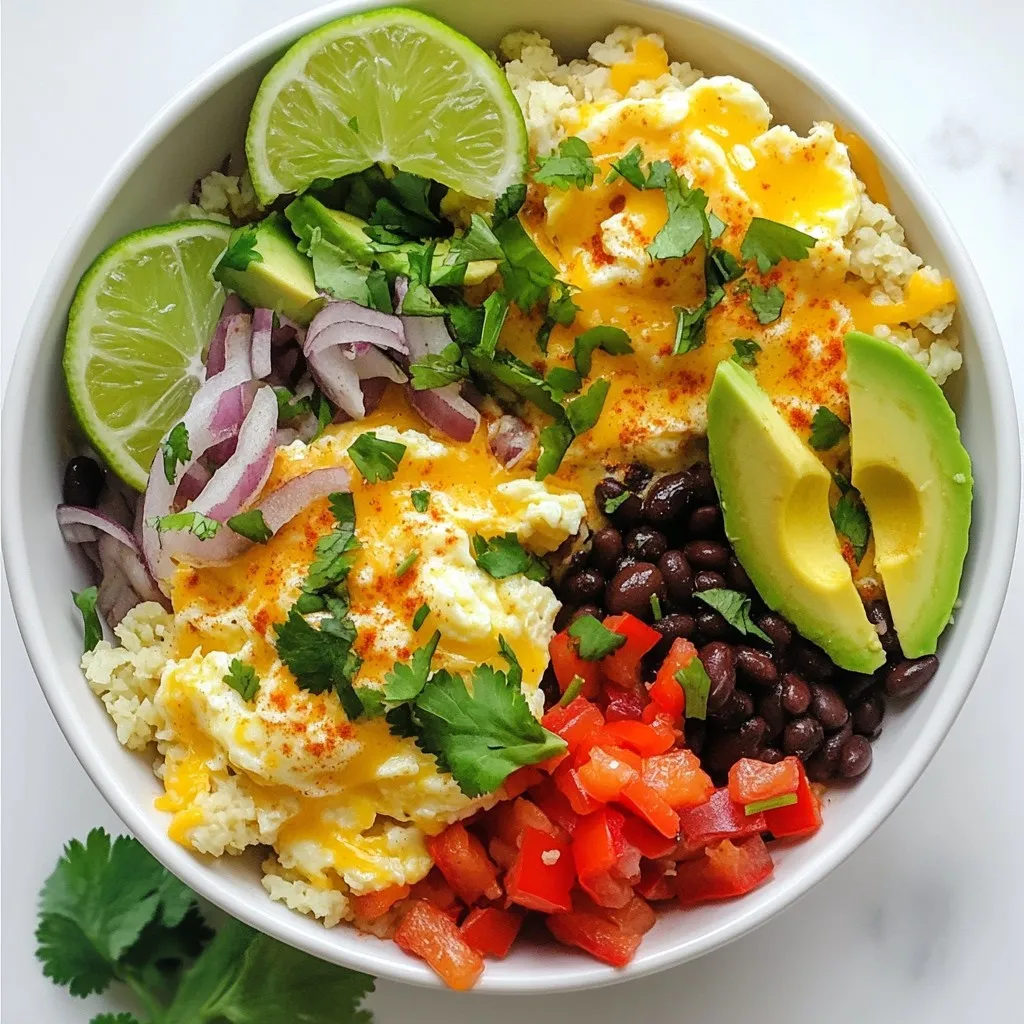 - 4 large eggs - 1 cup riced cauliflower - 1/2 cup bell pepper, diced (any vibrant color) - 1/4 cup red onion, finely chopped - 1/4 cup black beans, drained and rinsed - 1/4 cup shredded cheese (choose between cheddar or pepper jack for extra flavor) - 2 tablespoons fresh cilantro, finely chopped - 1 avocado, sliced - 1 tablespoon olive oil - 1/2 teaspoon ground cumin - Salt and freshly ground black pepper to taste - Hot sauce (optional, for a spicy kick when serving) This breakfast bowl offers many health benefits. Eggs are a great source of protein. They help build muscle and keep you full. Riced cauliflower is low in carbs and rich in fiber. It aids digestion and can help with weight loss. Bell peppers add vitamins A and C. They boost your immune system. Black beans provide protein and keep your heart healthy. Avocado brings healthy fats to the meal. These fats can lower bad cholesterol and improve heart health. Fresh cilantro adds flavor and may help detox your body. If you need to swap ingredients, here are some ideas: - Use egg whites instead of whole eggs for fewer calories. - Swap riced cauliflower for riced broccoli for a different taste. - Use any beans you like, such as pinto or kidney beans. - Try goat cheese instead of cheddar for a tangy flavor. - If you’re out of cilantro, parsley works just as well. - For a dairy-free option, leave out the cheese or use a vegan alternative. Feel free to mix and match based on what you have at home! {{ingredient_image_2}} To make the Minute Low-Carb Breakfast Burrito Bowl, gather your ingredients. This dish is quick and easy. You will need fresh veggies, eggs, and spices. The total cooking time is just 15 minutes. 1. Warm Olive Oil: Heat 1 tablespoon of olive oil in a large non-stick skillet over medium heat. 2. Sauté Veggies: Add 1 cup of riced cauliflower, 1/2 cup of diced bell pepper, and 1/4 cup of chopped red onion. Stir these for about 3-4 minutes. Wait until they are soft and smell good. 3. Scramble Eggs: Make space in the skillet by moving the veggies to one side. Crack 4 large eggs into the empty side. Break the yolks with a spatula. Cook for 2-3 minutes until the eggs are fully set. 4. Mix in Black Beans: Add 1/4 cup of drained black beans, 1/2 teaspoon of ground cumin, salt, and freshly ground black pepper to taste. Stir well for one minute to heat the beans. 5. Melt Cheese: Take the skillet off the heat. Sprinkle 1/4 cup of shredded cheese over the mix. Cover briefly to let the cheese melt. 6. Serve: Spoon the mixture into bowls. Top each bowl with 2 tablespoons of fresh cilantro and slices of 1 avocado. If you like spice, add hot sauce. - Warm olive oil: 1 minute - Sauté veggies: 3-4 minutes - Scramble eggs: 2-3 minutes - Mix in black beans: 1 minute - Melt cheese: 1 minute - Total time: 15 minutes To get the best texture for your burrito bowl, focus on the riced cauliflower. Make sure to sauté it until it is tender. This step keeps it from being too watery. I like to sauté my veggies for about 3-4 minutes. This way, they become soft but still have some bite. When you add the eggs, push the veggies to one side of the pan. This makes room for the eggs to scramble nicely without overcooking. Spices bring your burrito bowl to life. I always add ground cumin for a warm flavor. Just 1/2 teaspoon adds depth without overpowering. Salt and pepper are must-haves too; they enhance the taste of each ingredient. If you want more heat, try adding hot sauce when serving. It gives a nice kick and adds flavor! Serving is as fun as cooking! I like to spoon the mix into individual bowls while it's warm. Top each bowl with fresh cilantro and a few slices of avocado. The green colors make the dish pop! Adding lime on the side gives a zesty twist. You can squeeze it over the bowl for a refreshing taste. Enjoy your meal with family or friends; it’s a perfect start to the day! Pro Tips Use Fresh Ingredients: Always opt for fresh vegetables and herbs to enhance the flavor and nutritional value of your breakfast bowl. Customize Your Protein: Feel free to add cooked sausage, bacon, or tofu for added protein and variety in your breakfast burrito bowl. Experiment with Spices: Try adding different spices like paprika or chili powder to give your burrito bowl a unique twist. Meal Prep for Easy Mornings: Prepare your riced cauliflower and chopped veggies ahead of time to make your morning routine quicker and easier. {{image_4}} You can easily make this dish vegetarian. Simply skip the eggs and use tofu instead. Crumble firm tofu and cook it with the veggies. To make it vegan, replace cheese with a vegan option or simply leave it out. You can still enjoy all the great flavors without the eggs. Cheese adds a nice creaminess. You can use cheddar or pepper jack for a kick. If you want something milder, try mozzarella. For a dairy-free option, use nutritional yeast. It gives a cheesy flavor without the dairy. Toppings make this bowl fun and unique. Add sliced olives, diced tomatoes, or jalapeños for extra flavor. You can also sprinkle some pumpkin seeds or sunflower seeds for crunch. Try adding a dollop of Greek yogurt or sour cream for creaminess. Remember, the more toppings, the more fun your bowl will be! After enjoying your Minute Low-Carb Breakfast Burrito Bowl, store any leftovers right away. Use a clean, airtight container. This keeps your meal fresh. Make sure to wait until it cools down before sealing. Refrigerate the bowl for up to three days. If you want to enjoy it later, proper storage is key. When you are ready to eat again, reheating is simple. Use the microwave for quick results. Place the bowl in and heat for about one to two minutes. Stir halfway through to ensure even heating. If you want it warm but not dry, add a splash of water before reheating. This keeps the dish moist. If you want to save the burrito bowl for longer, freezing is a great option. Divide the dish into single servings. Use freezer-safe containers or bags. Make sure to remove as much air as possible. Label each container with the date. The burrito bowl can last up to three months in the freezer. When you're ready to eat, thaw it in the fridge overnight before reheating. Yes, you can meal prep this breakfast bowl. Just cook the ingredients and store them in airtight containers. Keep the avocado separate to avoid browning. You can reheat the bowl in the microwave. This makes for a quick breakfast during busy mornings. Yes, this recipe is gluten-free. All the ingredients used, like eggs, cauliflower, and beans, contain no gluten. Always check labels if you use packaged items, like cheese or hot sauce, to ensure they are gluten-free. For extra protein, try adding cooked chicken, turkey, or tofu. You can also mix in some cottage cheese or Greek yogurt. These additions will boost the protein content and make the bowl even more filling. To add spice, use pepper jack cheese instead of cheddar. You can also mix in diced jalapeños or add a few shakes of cayenne pepper. Hot sauce on top is a great way to kick up the heat just before serving. The blog post covers everything you need for a great burrito bowl. We listed all the ingredients and their benefits. You learned how to prepare and cook each step clearly. I shared tips to enhance texture and flavor. You also found variations for different diets. Finally, we discussed proper storage for leftovers. As you try these ideas, remember that customization is key. Enjoy making this dish your own!