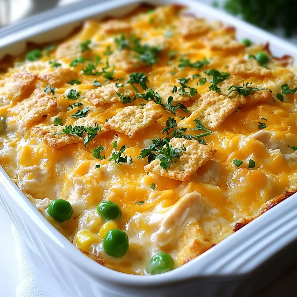 - 3 cups cooked chicken, shredded into bite-sized pieces - 1 cup cream cheese, softened to room temperature - 1 cup full-fat sour cream - 1 can (10.5 oz) cream of chicken soup - 2 cups shredded sharp cheddar cheese, divided - 1 cup frozen mixed vegetables (peas, carrots, and corn) - 1 teaspoon garlic powder - 1 teaspoon onion powder - 1 teaspoon smoked paprika - Salt and pepper to taste - 4 cups crushed buttery crackers (preferably Ritz) - 1/2 cup unsalted butter, melted When I make Million Dollar Chicken Casserole, I start with these main ingredients. The cooked chicken gives it a hearty base. Cream cheese and sour cream make the dish creamy and rich. The cream of chicken soup adds flavor and ties everything together. The shredded sharp cheddar cheese is key for that gooey, cheesy top. I love using frozen mixed vegetables for easy prep, but you can use fresh veggies if you prefer. Garlic powder, onion powder, and smoked paprika add depth to the taste. For the topping, crushed buttery crackers give it a nice crunch. I prefer Ritz, but any buttery cracker works well. Finally, melted unsalted butter makes the topping golden and crisp. You can customize this dish, too. For a twist, try adding: - Cooked bacon for extra flavor - Fresh herbs like parsley or chives - Different cheeses such as mozzarella or pepper jack These options let you make it your own. The key is to keep the base creamy and rich while adding whatever you love! {{ingredient_image_2}} First, set your oven to 350°F (175°C). Preheating is key. It helps the casserole cook evenly. If you skip this step, the dish may not cook right. In a large bowl, mix together 1 cup of softened cream cheese, 1 cup of sour cream, and 1 can of cream of chicken soup. Use a whisk or an electric mixer to blend until smooth. This creamy base is what makes the dish rich and tasty. Now, gently fold in 3 cups of shredded chicken and 1 cup of frozen mixed vegetables. Add 1 teaspoon of garlic powder, 1 teaspoon of onion powder, and 1 teaspoon of smoked paprika for flavor. Season with salt and pepper. Be careful not to over-mix; we want to keep it fluffy. Grease a 9x13-inch casserole dish with cooking spray or butter. Spread the chicken mixture evenly in the dish. Next, sprinkle 1 cup of shredded sharp cheddar cheese over the top. In a separate bowl, mix 4 cups of crushed buttery crackers with 1/2 cup of melted butter. Stir until all the cracker pieces are coated. Evenly distribute this mixture over the cheese layer. Then, top with another cup of cheddar cheese. Bake in the oven for 30-35 minutes. Look for a golden brown top and bubbling edges. When it's done, take the casserole out and let it cool for 5-10 minutes. This helps the layers set, making it easier to slice. Enjoy your delicious Million Dollar Chicken Casserole! If you want to switch things up, you can change the cream cheese and sour cream. For cream cheese, try using Greek yogurt. It gives a nice tang and works well in the dish. For sour cream, cottage cheese is a good choice. Just blend it smooth first. You can also use a dairy-free cream cheese if you want a vegan option. Keep an eye on your casserole as it bakes. The cooking time is about 30 to 35 minutes. You want the top to be golden brown and the edges to bubble. If the top gets too dark, cover it with foil. This keeps it from burning while the inside cooks fully. Make your casserole look inviting! Serve it right from the dish for a cozy feel. A sprinkle of fresh parsley or chives on top adds a nice pop of color. For a complete meal, pair it with a crisp side salad and some whole grain bread. This makes every bite even better! Pro Tips Shred the Chicken Properly: Ensure your chicken is shredded into bite-sized pieces to allow for even distribution throughout the casserole, enhancing both flavor and texture. Experiment with Vegetables: Feel free to customize the frozen mixed vegetables based on your preference or seasonal availability. Broccoli, green beans, or bell peppers can add a delightful twist! Use Leftover Chicken: This recipe is a great way to use up leftover rotisserie chicken or any other cooked chicken you have on hand, making it a time-saver for busy weeknights. Make Ahead: You can assemble this casserole a day ahead and store it in the fridge until you’re ready to bake, making it perfect for meal prep or potlucks. {{image_4}} You can switch up the cheese to change the flavor. Try mozzarella for a milder taste. Pepper jack adds a nice kick if you like spice. Creamy gouda gives a rich touch. Feel free to mix different cheeses for a unique twist. Just make sure to keep the total amount around two cups. Adding fresh veggies boosts nutrition and flavor. You can use chopped bell peppers for crunch or sautéed spinach for color. Broccoli florets or zucchini slices also work well. Seasonal vegetables like asparagus in spring can brighten the dish. Aim for about two cups of veggies to keep the balance. To make this dish lighter, try low-fat cream cheese and sour cream. You can use Greek yogurt for extra protein. Swap out the buttery crackers with whole-grain options for added fiber. Adding more veggies can also lower calories while increasing nutrients. Just remember, keep the flavors balanced for the best taste. To store leftovers safely, first let the casserole cool. Cover it tightly with plastic wrap or aluminum foil. You can also use an airtight container. Place it in the fridge. It will stay good for up to four days. Always check for any off smells before eating. To freeze the casserole, use a freezer-safe dish. Wrap it tightly in plastic wrap first. Then, add a layer of aluminum foil. This extra layer helps prevent freezer burn. The casserole can last for about three months in the freezer. When you're ready to eat it, thaw it in the fridge overnight before reheating. To keep the texture and flavor, reheat your casserole in the oven. Preheat it to 350°F (175°C). Cover the casserole with foil for the first half of reheating. This keeps it moist. Bake for about 20-30 minutes or until it's hot throughout. You can also microwave it, but this may make the topping less crunchy. If using the microwave, heat in short bursts and stir in between. Yes, you can prepare this dish ahead of time. To do this, follow these steps: - Assemble the casserole: Prepare it up to the baking step. - Cover it well: Use plastic wrap or foil to seal the dish. - Chill in the fridge: Store it for up to 24 hours before baking. When you're ready to bake, preheat the oven. Remove the cover and bake as usual. If it is cold from the fridge, add 5-10 minutes to the baking time. This method saves time on busy nights, making it easy to serve a warm meal. If you don’t have crushed crackers, try these options: - Bread crumbs: Use plain or seasoned bread crumbs for a different texture. - Panko: This offers a light and crispy topping. - Cornflakes: Crush them up for a sweet crunch. - Oatmeal: Rolled oats can work as a healthy alternative. These substitutes keep the casserole delicious while adding unique flavors. Yes, you can easily make a vegetarian Million Dollar Chicken Casserole. Here are some ideas: - Chickpeas or tofu: Use these instead of chicken for protein. - Vegetable broth: Swap the cream of chicken soup for a veggie version. - Add more veggies: Include mushrooms, bell peppers, or spinach for extra flavor. These swaps make this dish plant-based while still being hearty and tasty. This blog post explored making a tasty casserole. You learned about main and optional ingredients. I shared step-by-step instructions for assembly and baking. Tips and tricks included ingredient swaps and presentation ideas. We also discussed variations and how to store leftovers. Casseroles are great for meals and easy to customize. You can make them healthier or vegetarian. Enjoy your cooking and share your tasty results!
