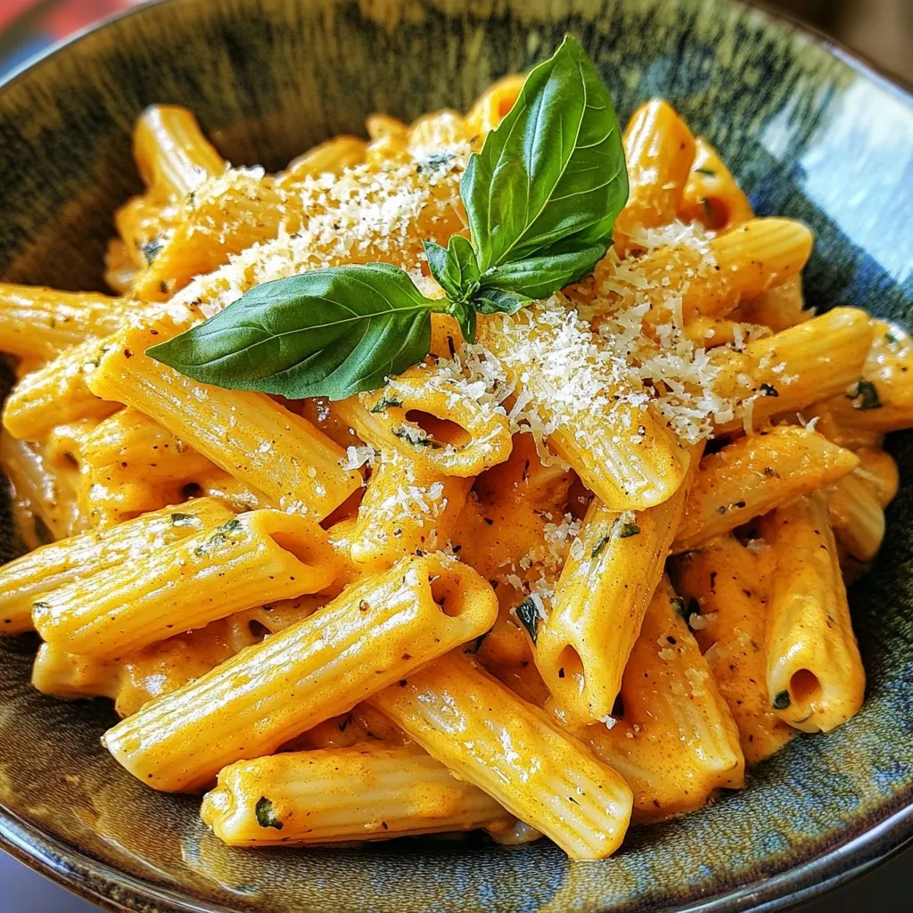 - 12 oz of pasta (penne or fettuccine is best) - 1 can (28 oz) of crushed tomatoes - 1 cup of heavy cream - 1 cup of grated Parmesan cheese - 1 teaspoon of dried basil - 1 teaspoon of dried oregano - ½ teaspoon of red pepper flakes (optional) - 1 small onion, finely diced - 3 cloves of garlic, minced - 2 tablespoons of extra virgin olive oil When I make creamy tomato pasta, I focus on quality ingredients. Pasta is the base, and I love using penne or fettuccine. These shapes hold the sauce well. The crushed tomatoes add rich flavor and color. Heavy cream gives the sauce a nice texture. Parmesan cheese adds depth and richness to the dish. For seasonings, dried basil and oregano bring warmth. Red pepper flakes can give a little kick if you want. Aromatic vegetables like onion and garlic are key. They make the dish smell amazing as they cook. I always use fresh garlic and onion for the best taste. Gather these ingredients, and you're ready to create a delicious meal! {{ingredient_image_2}} This creamy tomato pasta recipe combines simple ingredients for big flavor. You learned about choosing pasta types, making a rich sauce, and adding spices. Tips for texture and flavor boost your dish even more. Variations let you customize it with proteins or dietary swaps. You can store and reheat leftovers easily to enjoy later. With this guide, you can create a delightful meal that everyone will love. Cooking should be fun and satisfying, and this dish makes it easy to impress. Enjoy your cooking adventure!