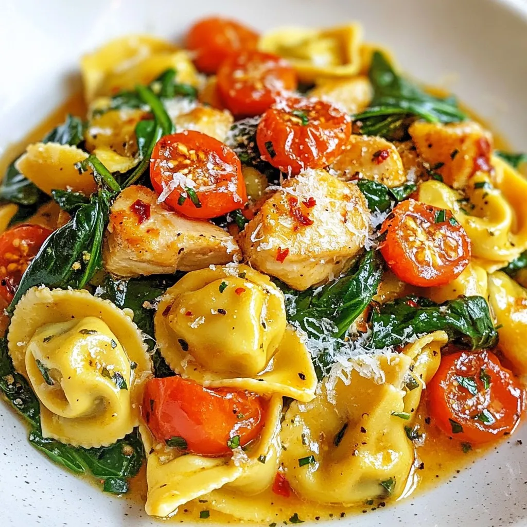 - 500g fresh chicken breast, diced - 250g cheese tortellini - 4 tablespoons unsalted butter - 4 cloves garlic, minced - 1 teaspoon red pepper flakes - 1 cup cherry tomatoes, halved - 2 cups fresh spinach leaves - 1/2 teaspoon dried Italian herbs - Salt and pepper, to taste - Fresh basil leaves, for garnish - Grated Parmesan cheese, for serving When I prepare Spicy Garlic Butter Chicken Tortellini, I focus on fresh ingredients. The chicken breast is the star of the dish. I like to dice it into even pieces. This ensures even cooking and juicy bites. The cheese tortellini adds a rich, creamy texture that pairs perfectly with the sauce. Butter plays a key role in this meal. I use unsalted butter to control the saltiness. It melts and becomes bubbling hot, creating a perfect base for the other flavors. Garlic is a must-have for me. I use fresh cloves, minced finely. The aroma fills the kitchen, making it hard to wait. Red pepper flakes add just the right kick. I sometimes adjust this based on my spice level. The halved cherry tomatoes add freshness and color, bursting with juiciness. Spinach is my go-to green. It wilts down nicely and adds nutrients. I sprinkle in some dried Italian herbs for depth. Finally, I season with salt and pepper. This dish needs just the right balance. For serving, I love to garnish with fresh basil leaves. They add a pop of color and flavor. Grated Parmesan cheese on top gives a nice finish. Each ingredient plays a role in making this dish delightful. {{ingredient_image_2}} To cook the tortellini, start by filling a large pot with water. Add a good amount of salt. Place the pot on the stove over high heat. Wait until the water boils. This might take a few minutes. Once boiling, add the cheese tortellini. Cook them for about 3 to 4 minutes. Check the package for exact times. They should be tender but firm, known as al dente. After cooking, drain the tortellini and set them aside. Next, grab a large skillet and place it on medium heat. Add the unsalted butter. Wait until the butter melts and bubbles. This shows it’s hot enough. Now, add the diced chicken breast. Season the chicken with salt, pepper, and dried Italian herbs. Stir the chicken for about 5 to 6 minutes. Cook until it turns golden brown and is no longer pink inside. Once the chicken is cooked, it's time for garlic. Add the minced garlic and red pepper flakes to the skillet. Stir for 1 to 2 minutes. Be careful not to burn the garlic. To avoid burning, keep the heat moderate and stir often. After that, add the halved cherry tomatoes. Cook for about 3 minutes. Stir them occasionally to let their juices flow. Now, it's time to bring everything together. Gently fold in the fresh spinach leaves. Then, add the cooked tortellini to the skillet. Mix everything well. You want the spinach to wilt and all flavors to blend. Finally, taste your dish. Adjust with extra salt and pepper if needed. To keep chicken juicy, use fresh ingredients. Start with well-seasoned chicken. Sauté it over medium heat for a golden brown look. Make sure not to overcrowd the pan. This helps the chicken cook evenly and stay moist. To cook tortellini perfectly, bring a big pot of salted water to a rolling boil. Add the cheese tortellini and stir gently. Cook them for 3-4 minutes, or until they're al dente. Drain them right away to prevent overcooking. For a beautiful plate, use shallow bowls. Arrange the tortellini with colorful spinach and bright tomatoes. Drizzle a bit of melted butter on top for a shiny finish. Add fresh basil leaves as a bright garnish. A sprinkle of Parmesan cheese gives it a classy touch. To balance spice levels, start with less red pepper flakes. Taste as you cook, and add more if you want extra heat. You can also use smoked paprika for a different flavor. If you need a substitute for red pepper flakes, try cayenne pepper or chili powder. Both can bring heat without changing the dish too much. Just remember to adjust the amount based on your spice preference. Pro Tips Fresh Ingredients Matter: Using fresh chicken and vegetables will enhance the flavor and overall quality of your dish. Look for vibrant, firm tomatoes and bright green spinach for the best results. Adjust Spice Level: Customize the heat by adjusting the amount of red pepper flakes based on your spice tolerance. Start with a smaller amount and add more as needed to avoid overwhelming the dish. Don't Overcook Garlic: Garlic burns quickly and can turn bitter. Add it to the pan just before the other ingredients to ensure it remains fragrant and flavorful without becoming charred. Perfect Tortellini: To achieve perfectly cooked tortellini, avoid overcooking. They should be firm to the bite (al dente) and will continue to cook slightly when combined with the hot ingredients in the skillet. {{image_4}} You can switch chicken for other proteins. Shrimp works well in this dish. Tofu is also a great choice for a meatless option. When you look for dairy-free options, use vegan butter. For cheese, try a dairy-free alternative or skip it altogether. To make a creamy version, add heavy cream or cream cheese. This will give your dish a rich taste. You can also toss in seasonal vegetables. Fresh zucchini, bell peppers, or asparagus can brighten up your meal and add crunch. Feel free to adjust the herbs to match your taste. Fresh basil or parsley can add a nice twist. You can also change the cheese. Try mozzarella, goat cheese, or feta for a new flavor. Each cheese brings a unique taste to your tortellini. To keep your Spicy Garlic Butter Chicken Tortellini fresh, store it in an airtight container. Ensure the dish has cooled down before sealing. This method prevents moisture loss and keeps flavors intact. The meal lasts in the fridge for about 3 to 4 days. Always check for any signs of spoilage before enjoying leftovers. When reheating this pasta dish, you have a few good options. You can use the microwave, which is quick and easy. Just place it in a bowl, cover it, and heat in short bursts. Stir in between to heat evenly. You can also reheat on the stove. Add a splash of water or broth in a skillet over low heat. Stir gently to avoid overcooking. This method helps keep the tortellini tender. If you want to freeze your Spicy Garlic Butter Chicken Tortellini, let it cool completely first. Pack it in a freezer-safe container or a resealable bag. Remove all air before sealing. This helps prevent freezer burn. The dish can stay good for up to 3 months in the freezer. When ready to eat, thaw in the fridge overnight. Reheat gently in a skillet or microwave, adding a bit of water if needed. Yes, you can use frozen tortellini. Just add a few extra minutes to the cooking time. Frozen tortellini usually takes about 5-7 minutes to cook. Make sure to check the package for exact times. Once cooked, drain and set aside as you would with fresh tortellini. If you're vegetarian, you can try using tofu or chickpeas. Both options work well and give protein to the dish. You can also use mushrooms for a meaty texture. Just sauté them the same way you would with chicken. Yes, to make the dish less spicy, you can reduce the red pepper flakes. Start with half a teaspoon and taste as you go. You can also skip the red pepper flakes altogether if you want no heat. Adding more butter can help mellow the spice too. You can prepare this dish ahead of time. Cook everything and store it in an airtight container. It will last in the fridge for 3-4 days. When ready to eat, just reheat it on the stovetop over low heat. Add a bit of water or broth to keep it moist. This dish combines fresh chicken, cheese tortellini, and vibrant flavors. I shared steps to cook everything perfectly, from the sautéd chicken to the bright spinach. You can adjust the spice and swap ingredients to suit your taste. As you make this dish, feel free to experiment with your choices. Enjoy every bite of this creamy, flavorful meal. With simple steps and endless variations, you can create a comforting dish that’s just right for any night.