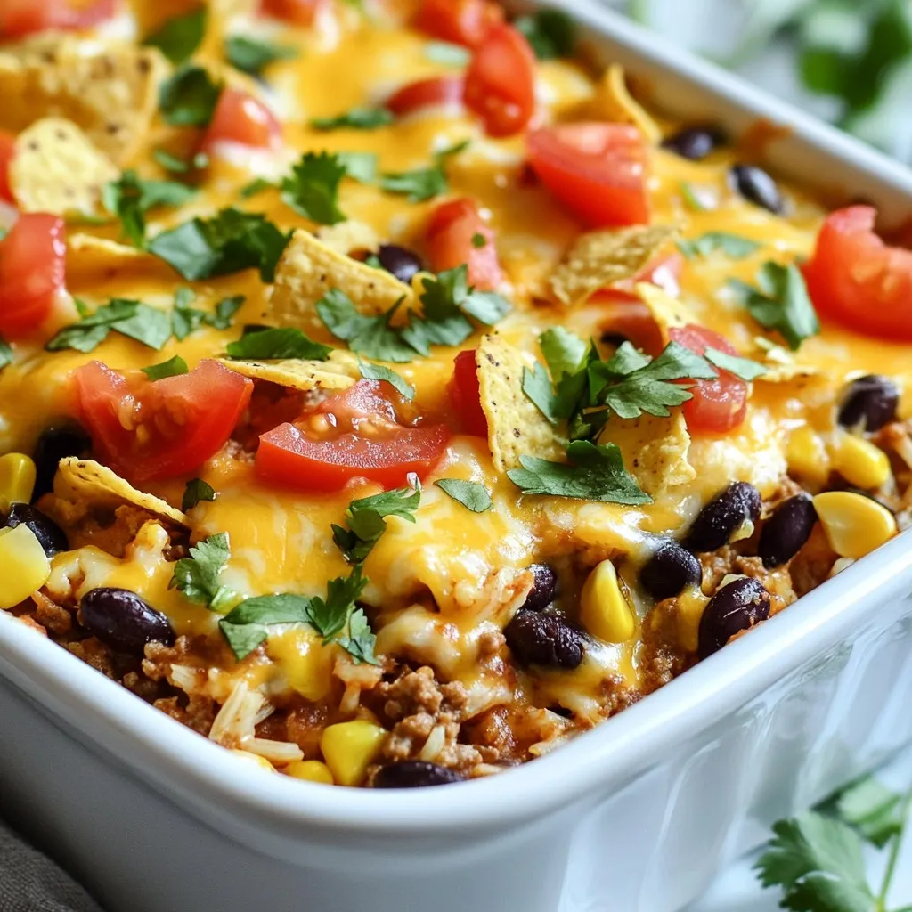 For a hearty Cheesy Taco Beef Casserole, gather these main ingredients: - 1 lb ground beef - 1 small onion, finely diced - 2 cloves garlic, minced - 1 packet taco seasoning - 1 can (15 oz) black beans, drained and rinsed - 1 can (15 oz) corn, drained - 1 can (10 oz) diced tomatoes with green chilies - 2 cups cooked rice (white or brown) - 2 cups shredded cheddar cheese, divided - 1 cup sour cream - Salt and freshly cracked black pepper to taste To tweak the recipe to your liking, consider these optional ingredients: - Bell peppers, diced - Jalapeños for heat - Zucchini, finely chopped - Quinoa instead of rice - Greek yogurt instead of sour cream Garnishes add a fresh touch to the casserole. Try these: - Fresh cilantro, chopped - Sliced green onions - Diced tomatoes - Avocado slices - A drizzle of hot sauce {{ingredient_image_2}} First, gather all your ingredients. You need: - 1 lb ground beef - 1 small onion, finely diced - 2 cloves garlic, minced - 1 packet taco seasoning - 1 can (15 oz) black beans, drained and rinsed - 1 can (15 oz) corn, drained - 1 can (10 oz) diced tomatoes with green chilies - 2 cups cooked rice (white or brown) - 2 cups shredded cheddar cheese, divided - 1 cup sour cream - Salt and freshly cracked black pepper to taste - Fresh cilantro, chopped (for garnish) - Tortilla chips or crushed tortilla chips (for topping) Make sure everything is ready before you start cooking. This will make the process smooth and fun. Next, heat a large skillet over medium heat. Add the ground beef and diced onion. Cook for about 5-7 minutes. Stir it often until the beef is brown and the onion is soft. If you see extra fat, drain it off. Now, add the minced garlic and let it cook for about 1 minute. It will smell great! After that, sprinkle the taco seasoning over the beef. Then, mix in the black beans, corn, and diced tomatoes. Stir everything together well and cook for an extra 2-3 minutes. This helps all the flavors mix. In a large bowl, combine the cooked rice with the beef mixture. Fold in 1.5 cups of cheddar cheese and the sour cream. Gently mix it all together. Add salt and pepper to taste. Now, grease a 9x13 inch casserole dish. Pour the beef and rice mixture into the dish and spread it evenly. Top it with the remaining 0.5 cup of cheddar cheese. Then, add a layer of crushed tortilla chips. This will give your casserole a nice crunchy top. Place the dish in your preheated oven at 350°F (175°C). Bake for 25-30 minutes. Look for the cheese to be melted and bubbly. Once it’s done, take it out and let it rest for 5 minutes. Before serving, sprinkle fresh cilantro on top. This adds color and a fresh taste. Serve warm with extra tortilla chips and salsa or guacamole on the side for dipping. Enjoy your tasty Cheesy Taco Beef Casserole! To boost flavor, try adding lime juice and zest. It adds a nice zing. Fresh herbs like cilantro or parsley also brighten the dish. Consider using taco sauce for extra spice. You can also mix in diced jalapeños for a kick. Finally, a sprinkle of smoked paprika brings depth. For a gluten-free option, use gluten-free taco seasoning. Swap the ground beef for turkey or chicken for a leaner dish. If you want a vegetarian version, replace the meat with lentils or mushrooms. Use dairy-free cheese if you want a vegan option. For a nut allergy, ensure all products are nut-free. Serve your casserole warm for the best taste. I love adding extra toppings like sour cream or guacamole. A sprinkle of chopped cilantro makes it look fresh. Use a large spoon to scoop servings into bowls. Pair the dish with a side of tortilla chips and salsa for a complete meal. Pro Tips Quality Ground Beef: Choose lean ground beef (80/20 or 90/10) for a balanced flavor without too much grease. Customize Your Heat: Adjust the spiciness by using a mild vs. hot taco seasoning or adding diced jalapeños for an extra kick. Layering for Flavor: For added depth, consider layering some of the cheese inside the casserole instead of just on top. Meal Prep Friendly: This casserole can be assembled ahead of time and stored in the fridge for up to 24 hours before baking. {{image_4}} You can make a tasty vegetarian version of Cheesy Taco Beef Casserole. Start by replacing the ground beef with extra-firm tofu or tempeh. Crumble the tofu and cook it in the skillet just like the beef. Use the same taco seasoning for flavor. Add in more beans, like pinto or kidney beans, to keep it hearty. You can also add more veggies, such as bell peppers or zucchini, to boost the nutrition. This way, you get all the cheesy goodness while keeping it plant-based. To make a gluten-free Cheesy Taco Beef Casserole, choose gluten-free taco seasoning. Check the labels of canned goods, like tomatoes and beans, to ensure they are gluten-free. Instead of regular rice, you can use quinoa or cauliflower rice for a lighter touch. Top the casserole with gluten-free tortilla chips for that crunch. You won't miss out on flavor, and everyone can enjoy this dish without worry. If you love heat, try a spicy taco beef casserole. Start by adding diced jalapeños or serrano peppers to the meat mixture. You can also mix in some cayenne pepper or chili powder with the taco seasoning for extra kick. For a zesty twist, use pepper jack cheese instead of cheddar. Don’t forget to serve it with a side of hot salsa or sliced avocado to cool it down. Enjoy the heat and flavor with every bite! After enjoying your Cheesy Taco Beef Casserole, store any leftovers in an airtight container. Make sure to let it cool to room temperature first. This helps keep it fresh and tasty. You can keep it in the fridge for up to three days. If you want to keep it longer, consider freezing it. When you're ready to eat the leftovers, preheat your oven to 350°F (175°C). Place the casserole in an oven-safe dish. Cover it with foil to prevent drying out. Bake for about 20 minutes or until heated through. You can also use the microwave, but the oven will keep it crunchy. To freeze the casserole, cut it into individual portions. Wrap each piece tightly in plastic wrap. Then, place the wrapped portions in a freezer bag. Label the bag with the date. You can freeze it for up to three months. When you're ready to eat it, thaw overnight in the fridge before reheating. This keeps the flavors intact and makes it easy to serve. Yes, you can make it ahead. Prepare your casserole and cool it. Cover it tightly and store it in the fridge for up to 24 hours. When you are ready, bake it at 350°F for about 30 minutes or until hot. This saves time on busy nights and still tastes fresh! This casserole pairs well with many sides. Here are a few ideas: - Extra tortilla chips - Guacamole - Salsa - A fresh green salad - Sour cream for dipping These sides add flavor and texture. They also make your meal feel complete. To avoid greasiness, start with lean ground beef. Brown the meat in a skillet and drain any excess fat. This step keeps your casserole light. Also, don’t skip rinsing canned beans and corn. This removes extra starch and liquid, which helps keep the dish from getting soggy. This blog post covers all you need for a delicious Cheesy Taco Beef Casserole. We explored main and optional ingredients, plus how to prepare, cook, and bake the dish. Tips for flavor and substitutions make it easy to customize. We also shared storage methods and answers to common questions. You now have the tools to make your own tasty version. Enjoy cooking, and let your creativity shine!