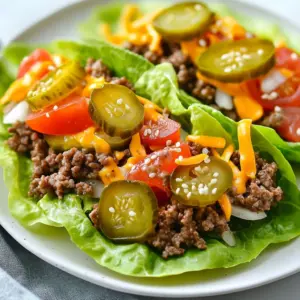 - 1 pound ground beef (80/20 blend for optimal flavor and juiciness) - 4 large romaine lettuce leaves (crisply washed and dried) - 4 slices of cheddar cheese, each sliced in half - 1 tablespoon onion powder - 1 tablespoon garlic powder - 1 tablespoon yellow mustard - 2 tablespoons ketchup - 1 tablespoon mayonnaise - 1/2 cup diced pickles (preferably dill for a tangy crunch) - 1/2 cup diced tomatoes (cherry or Roma for better flavor) - 1/4 cup finely chopped onions (red or white for a milder taste) Gathering these ingredients is simple. The ground beef gives a rich taste. Use a good blend, like 80/20, for best results. Romaine lettuce leaves are your wraps. They add a nice crunch and freshness. Cheddar cheese slices melt in well with the warm beef. In the seasoning section, onion powder and garlic powder add a strong flavor. Mustard, ketchup, and mayonnaise bring in that classic Big Mac taste. These sauces add creaminess and slight sweetness. Fresh toppings make the dish pop. Diced pickles add a tangy crunch. Use dill pickles for the best flavor. Diced tomatoes bring juiciness. Chopped onions give a crisp bite and some sharpness. This mix of ingredients makes your Big Mac Lettuce Wraps not just low-carb, but also full of flavor. Enjoy the process of gathering these items and get ready to create a meal that satisfies! {{ingredient_image_2}} First, heat a large skillet over medium-high heat. Add 1 pound of ground beef. Cook it until it is nicely browned, which takes about 7-10 minutes. Use a spatula to break the meat into small pieces. When the beef is brown, carefully drain any extra grease from the skillet. This step keeps your wraps from being too greasy. Next, sprinkle 1 tablespoon of onion powder and 1 tablespoon of garlic powder over the beef. Add salt and pepper to taste. Mix these spices and sauces well with the beef. Then, stir in 1 tablespoon of yellow mustard. Let the beef cook for 2 more minutes. This lets all the flavors blend together nicely. After this, remove the skillet from the heat. Gently stir in 2 tablespoons of ketchup and 1 tablespoon of mayonnaise. This makes the beef creamy and full of flavor. Now, let&rsquo;s prepare the lettuce leaves. Take 4 large romaine lettuce leaves and wash them carefully. Dry them well so they stay crisp. Lay the leaves on a flat surface. Spoon equal amounts of the beef mixture into the center of each lettuce leaf. Make sure not to overfill them. On top of the beef, place half a slice of cheddar cheese. Add a generous sprinkle of diced pickles, diced tomatoes, and chopped onions. Finally, fold the lettuce around the fillings to create a wrap. If you like, you can use a toothpick to hold everything together. For a fun touch, sprinkle some sesame seeds on top for extra flavor and crunch. Enjoy this tasty low-carb meal! - Choosing the right ground beef blend: I suggest using an 80/20 blend. This mix gives you the best flavor and juiciness. The fat helps keep the beef tender and tasty. Avoid leaner blends, as they can dry out. - Ensuring perfect seasoning balance: Use onion powder and garlic powder. They add great flavor without being strong. Salt and pepper are key, too. Taste as you go to make it just right! - Plating the wraps attractively: Lay the wraps on a serving platter. You can arrange them in a circle or line. This makes them look inviting. - Suggested dipping sauces: Serve with ketchup or mustard on the side. You can also try ranch or a spicy mayo. This adds fun flavors to each bite. - Nutritional benefits of lettuce wraps: Lettuce wraps are fresh and low in calories. They are high in vitamins and fiber. This makes them a great choice for a light meal. - Low-carb and keto-friendly alternatives: These wraps fit well in a low-carb diet. They replace bread with lettuce. You can enjoy a Big Mac flavor without the carbs! Pro Tips Choose the Right Beef: Opt for an 80/20 ground beef blend to ensure your wraps are juicy and flavorful. Seasoning Matters: Don't skip on the seasoning; it enhances the overall flavor of the beef. Adjust salt and pepper according to your taste. Fresh Ingredients: Use fresh vegetables for toppings to add a crisp texture and vibrant flavor to your wraps. Wrap it Right: Make sure to fold the lettuce tightly around the fillings to prevent any spills while eating. {{image_4}} You can switch up the meat in these wraps. Ground turkey or chicken works great. They both offer lean options for a lighter meal. These meats still pack flavor when seasoned well. If you prefer a vegetarian or vegan option, use black beans or lentils. These alternatives are healthy and add protein. Just season them like you would the beef. Get creative with your toppings! You can add different veggies to make it more colorful. Think bell peppers, cucumbers, or avocado slices. For those who enjoy a little heat, try adding jalape&ntilde;os. They give a nice kick that enhances the flavors. You can also mix in fresh herbs like cilantro or parsley for extra freshness. Don't hesitate to experiment with sauces! While ketchup and mustard are classic, you can try BBQ sauce or sriracha. This small change can create a whole new flavor. You might even mix sauces to make your own unique blend. For a creamier option, try ranch or blue cheese dressing. Each swap gives your wraps exciting new tastes. To keep your Big Mac Lettuce Wraps fresh, store them in an airtight container. Wrap each lettuce leaf around the filling. This helps keep them from getting soggy. You can also store the filling and lettuce separately. This way, the lettuce stays crisp. For reheating, heat the beef mixture in a skillet over medium heat. Stir often until it's warm. Avoid microwaving the wraps, as they can get soggy quickly. You can prep the ingredients in advance. Cook the beef mixture a day before. Store it in the fridge. Prepare the lettuce leaves the same day you plan to serve. This keeps them fresh and crunchy. Assemble the wraps just before serving. This ensures that everything stays crisp and tasty. You can also prep the toppings in advance. Keep diced pickles, tomatoes, and onions in separate containers. The ground beef filling lasts about 3 to 4 days in the fridge. The lettuce should be used within a week for best taste. If you see any wilting or dark spots on the lettuce, it's best to toss it. For the toppings, diced tomatoes and onions last about 3 to 5 days. Check for any signs of spoilage, like an off smell or slimy texture. Always trust your senses when it comes to food safety. To keep your lettuce fresh and crisp, wash it well under cold water. Use a salad spinner to dry the leaves quickly. If you don&rsquo;t have one, pat them dry with a clean kitchen towel. Store the lettuce in a sealed bag or container with a paper towel inside. The towel absorbs moisture, keeping the leaves crisper for longer. Yes, you can prepare some parts in advance. Cook the beef mixture and store it in the fridge for up to three days. Wash and dry the lettuce leaves ahead, but store them separately. Assemble the wraps just before you eat. This keeps everything fresh and tasty. To add heat, mix in some diced jalape&ntilde;os or hot sauce with the beef. You can also sprinkle red pepper flakes on top. Try spicy mustard instead of yellow mustard for an extra kick. These simple changes will heat up your Big Mac Lettuce Wraps! In this post, we explored how to create delicious Big Mac lettuce wraps. You learned about essential ingredients, seasoning tips, and how to make them appealing. Remember, you can swap meats, add toppings, and even change sauces to fit your taste. These wraps provide a fun, low-carb meal for any day. Make them ahead or customize them to your liking. Enjoy trying out these fresh ideas and transforming your meals!