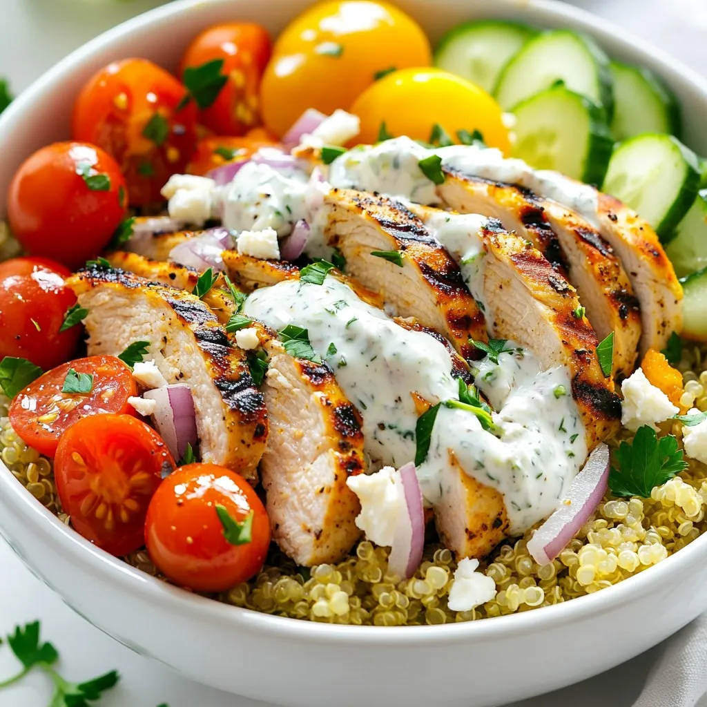 - Chicken and Marinade Components You need two boneless, skinless chicken breasts. For the marinade, use: - 2 tablespoons extra virgin olive oil - 2 teaspoons dried oregano - 1 teaspoon garlic powder - 1 teaspoon fresh lemon zest - Salt and freshly ground black pepper, to taste Marinating the chicken adds flavor and keeps it juicy. You can let it sit for at least 30 minutes. For deeper flavor, marinate overnight. - Quinoa/Brown Rice and Fresh Vegetables For the base, use 1 cup of cooked quinoa or brown rice. Fresh veggies add color and crunch. Include: - 1 cup cherry tomatoes, halved - 1 cucumber, diced - 1/2 red onion, thinly sliced These ingredients create a fresh and vibrant bowl. - Feta Cheese and Garnish For added richness, use 1/4 cup of crumbled feta cheese. Garnish with fresh parsley, chopped. This gives a nice touch and fresh flavor. - Greek Yogurt and Cucumber The base of tzatziki is 1 cup thick Greek yogurt. You also need 1 small cucumber, grated. Squeeze out any extra moisture from the cucumber. - Garlic and Fresh Herbs Use 1 clove garlic, finely minced. Add 1 tablespoon fresh dill, chopped. These ingredients bring bold flavors to the sauce. - Seasoning Elements Add 1 tablespoon fresh lemon juice and salt to taste. This balances the creaminess of the yogurt and cucumber. Together, these ingredients create a delicious meal that is fresh and flavorful. {{ingredient_image_2}} How to Prepare the Marinade To make the marinade, grab a medium bowl. Whisk together 2 tablespoons of extra virgin olive oil, 2 teaspoons of dried oregano, 1 teaspoon of garlic powder, and the zest of 1 lemon. Add a pinch of salt and pepper. Mix until smooth. Place the chicken breasts in the bowl. Coat them well with the marinade for full flavor. Recommended Marination Time For the best taste, let the chicken marinate for at least 30 minutes. You can also refrigerate it overnight. Longer marination gives the chicken a deeper flavor. Preheat Grill/Grill Pan Guide Before cooking, preheat your grill or grill pan to medium-high heat. This helps achieve nice grill marks and keeps the chicken juicy. Cooking Duration and Temperature Check Remove the chicken from the marinade and let excess drip off. Grill the chicken for 6 to 7 minutes on each side. Check that the inside is 165°F (74°C). This ensures it is safe to eat. Let the chicken rest for 5 minutes before slicing. Steps to Combine Ingredients While the chicken rests, make the tzatziki. In a small bowl, mix 1 cup of thick Greek yogurt, 1 grated cucumber (make sure it’s drained), 1 finely minced garlic clove, 1 tablespoon of fresh lemon juice, and 1 tablespoon of chopped dill. Stir well until all ingredients blend together. Tips for Ensuring Correct Consistency For the best tzatziki, ensure the cucumber is well-drained. This keeps the sauce from being too watery. Taste and add salt as needed for flavor. Layering Technique for Bowls Start with a base of quinoa or brown rice in each bowl. Add sliced grilled chicken on top. Then, layer halved cherry tomatoes, diced cucumber, sliced red onion, and crumbled feta cheese. This makes it colorful and tasty. Serving Size Adjustments This recipe serves four. You can adjust the portions based on how many people you are serving. If you want smaller bowls, use less of each ingredient. Marination Tips for Enhanced Flavor To make the chicken really tasty, marinate it well. Mix olive oil, oregano, garlic powder, and lemon zest in a bowl. Add salt and pepper to taste. Coat the chicken breasts in the mix. Cover the bowl and let it sit for at least 30 minutes. For deeper flavor, marinate it overnight in the fridge. Tips for Achieving Perfect Grill Marks Grill marks make the chicken look great. Start with a hot grill. Place the chicken on it and do not move it for about 6-7 minutes. Flip it only once for nice lines. Check the internal temperature to reach 165°F. Let the chicken rest for 5 minutes before slicing. Alternative Ingredients for Tzatziki You can change up the tzatziki sauce. Try using sour cream if you don’t have Greek yogurt. Fresh mint can replace dill for a bright taste. You can also add a bit of lemon zest for more zing. Flavor Variations to Consider Want to mix it up? Add a dash of cayenne pepper for heat. A bit of honey can balance the flavors nicely. Experiment with different herbs like chives or parsley for unique tastes. How to Create an Attractive Bowl For a beautiful bowl, start with a base of quinoa or brown rice. Layer sliced chicken, tomatoes, cucumbers, and onions neatly. Use a bowl with high contrast colors to make it pop. Garnishing Ideas for Extra Color Add crumbled feta cheese for a creamy touch. Fresh parsley gives a green burst. A lemon wedge on the side adds brightness and a fresh look. Consider a drizzle of extra tzatziki on top for a special touch. Pro Tips Marination Time: For the juiciest chicken, marinate for at least 1 hour or overnight if possible. This allows the flavors to penetrate deeply. Perfect Grilling: Ensure your grill is preheated for even cooking. Use a meat thermometer to check the chicken’s internal temperature for safety and optimal doneness. Customizing Tzatziki: For a twist, add a hint of mint or swap dill with fresh chives in the tzatziki sauce for a different flavor profile. Serving Suggestions: Serve with a side of warm pita bread or a light Greek salad to complement the bowls and enhance the Mediterranean experience. {{image_4}} Want to switch up the protein? You can use turkey or tofu instead of chicken. Turkey gives a leaner option and tastes great with the same marinade. For a plant-based choice, tofu absorbs flavors well. Press tofu to remove moisture, then marinate and grill it. If you prefer seafood, consider shrimp or fish. Shrimp cooks fast and pairs well with the tzatziki sauce. Use a firm fish like salmon or tilapia for a tasty twist. Just adjust cooking times as needed. You can choose between quinoa and brown rice as your base. Quinoa is high in protein and has a nutty flavor. Brown rice is hearty and filling. Both work great under the chicken and veggies. For a low-carb option, try cauliflower rice or zucchini noodles. These alternatives keep the meal light and fresh. They also soak up the tzatziki sauce well, making each bite flavorful. Feel free to swap in seasonal vegetables. Bell peppers, zucchini, or asparagus add color and crunch. You can also try roasted veggies for a different taste. For extra texture, add nuts or seeds. Toasted pine nuts or sunflower seeds give a nice crunch. You can even toss in some olives for a briny kick. These choices make your Greek chicken bowls even more exciting. To keep your Greek chicken bowls fresh, use proper storage methods. Start by letting the chicken cool completely. Place it in an airtight container. You can store the chicken and other bowl ingredients separately. This helps maintain the texture and flavor. For the quinoa or brown rice, make sure it is also stored in a sealed container. The shelf life in the refrigerator for chicken is about 3 to 4 days. Quinoa or rice can last for about a week. Vegetables like tomatoes and cucumbers should be used within 2 to 3 days. When reheating grilled chicken, do it gently. Use the microwave at medium power or warm it in a pan over low heat. This helps keep the chicken juicy and tender. Check the internal temperature. It should reach 165°F (74°C) to ensure it’s safe to eat. For the tzatziki sauce, store it in the fridge in a sealed container. It can last for about 3 to 4 days. If you find it thickens, add a little water or lemon juice. Mix it well before serving. Enjoy your leftovers with just as much flavor! Yes, you can make tzatziki sauce ahead of time. Store it in the fridge for up to three days. This will let the flavors blend well. Just give it a stir before serving. If you need a substitute for Greek yogurt, try using plain yogurt. You can also use plant-based yogurt made from almond or coconut. Just make sure it is thick and unsweetened for the best taste. Yes, you can make this recipe vegetarian easily. Instead of chicken, use grilled vegetables or chickpeas. Both options add great flavor and protein. You can keep all the fresh veggies and tzatziki sauce to complete the bowl. The Greek Chicken Bowls are balanced and healthy. Each serving has about 400 calories. You get around 30 grams of protein, 40 grams of carbs, and 15 grams of fat. This makes it a good meal for energy and nutrition. In this post, I shared how to make Greek Chicken Bowls with delicious ingredients and easy steps. You learned about marinating chicken and making tzatziki sauce. I also covered tips for perfecting flavors and variations for different diets. Remember, these bowls are customizable and fun to assemble. Whether you make it for dinner or meal prep, enjoy balancing flavors and toppings. With these tips and tricks, you can make a tasty meal anytime. Happy cooking!