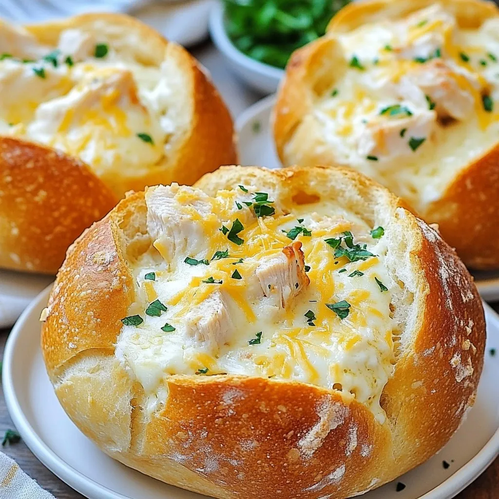 - 4 large round bread loaves - 2 cups cooked chicken breast - 2 cups heavy cream - 1 cup grated Parmesan cheese - 1 cup shredded mozzarella cheese - 2 tablespoons unsalted butter - 2 cloves garlic, minced - 1 teaspoon Italian seasoning - Salt and black pepper - Fresh parsley for garnish To make Cheesy Chicken Alfredo Bread Bowls, you will need a few key ingredients. First, choose four large round bread loaves. Italian or sourdough bread works best. These loaves will hold your creamy filling well. Next, you need cooked chicken breast. Shredded chicken adds protein and flavor. You can use leftover chicken or cook it fresh. Heavy cream is essential for rich, creamy sauce. It gives the dish its Alfredo character. You'll want both grated Parmesan and shredded mozzarella cheese. These cheeses melt well and add a delicious taste. Unsalted butter and minced garlic bring a lovely base flavor. The garlic must be fragrant, but not browned, for the best result. Italian seasoning adds depth. A pinch of salt and black pepper enhances the overall flavor. Finally, fresh parsley is for garnish. It adds color and freshness. Gather these ingredients, and you are ready to create a comfort dish that everyone will love! {{ingredient_image_2}} 1. Preheat your oven to 350°F (175°C). This gets the oven ready for baking. 2. Take your large bread loaves. Cut off the tops carefully. Use your hands or a spoon to remove the insides. Leave about 1/2 inch of bread on the edges. This makes sturdy bowls. Set the bread insides aside for later use, like croutons. 1. In a large saucepan, heat over medium heat. Add the unsalted butter and let it melt. 2. Once the butter is melted, add the minced garlic. Sauté for about 1 minute. The garlic should smell nice but not brown. 3. Slowly pour in the heavy cream. Stir gently to mix. Bring the mixture to a gentle simmer. 4. Add the Italian seasoning. Season with salt and black pepper to taste. 5. Gradually whisk in the grated Parmesan cheese. Keep stirring until it melts and the sauce is smooth. 6. Now, add the shredded mozzarella cheese. Stir until it melts and the sauce is creamy. 1. Take the shredded chicken and mix it into the Alfredo sauce. Make sure each piece gets coated well. 2. Use a spoon or ladle to fill each hollowed-out bread bowl. Pack the filling in well. 3. Place the filled bread bowls on a baking sheet. Bake in the preheated oven for 15-20 minutes. Look for the edges to be crispy and golden. 4. Once done, take them out and let them cool for a minute. Before serving, sprinkle some chopped fresh parsley on top for color and flavor. - Choosing the right bread For this dish, I love using large round bread loaves like Italian or sourdough. These types have a nice crust and a soft inside. They hold the creamy sauce well and add flavor. - Tips for flavor enhancement Use fresh garlic for the best taste. Adding a pinch of nutmeg can elevate the sauce. A dash of lemon juice brightens the flavors. If you want spice, try adding crushed red pepper flakes. - Sauce too thick or thin? If your sauce is too thick, add a bit of milk or chicken broth. Stir well until it reaches your desired creaminess. If it’s too thin, let it simmer longer to thicken. You can also whisk in more cheese. - Bread bowls collapsing Make sure to leave enough bread around the edges when hollowing out. This keeps the structure strong. If your bread bowls still collapse, try using a sturdier bread next time. - Alternatives to parsley If you’re not a fan of parsley, try using fresh basil or chives instead. Both add a nice pop of color and flavor. - Additional toppings You can sprinkle extra cheese on top before baking. Crispy bacon bits or sautéed mushrooms also make great toppings. For a fresh touch, add sliced green onions right before serving. Pro Tips Use Stale Bread: If you have day-old bread, use it for the bowls. Stale bread holds up better to the creamy filling and won’t get soggy as quickly. Customize the Chicken: Feel free to use leftover rotisserie chicken or even turkey. This recipe is versatile and can accommodate whatever protein you have on hand. Add Vegetables: For added nutrition and flavor, consider mixing in sautéed spinach, mushrooms, or broccoli into the Alfredo sauce. Cheese Variations: Experiment with different types of cheese such as gouda or cheddar for a unique flavor twist in your Alfredo sauce. {{image_4}} For a healthier dish, swap heavy cream with low-fat milk or a plant-based cream. This change cuts calories while keeping some creaminess. You can also use whole wheat bread for added fiber. If you're looking for vegetarian options, replace chicken with sautéed mushrooms or spinach. You can also use a mix of your favorite veggies. This keeps the dish tasty and filling without meat. Want some heat? Add crushed red pepper flakes to the sauce. This gives your Alfredo a spicy kick. You can also use pepper jack cheese for extra flavor. Adding vegetables makes this dish even better. Consider mixing in broccoli, bell peppers, or peas. They add color and nutrition to your bread bowls. Pair your Cheesy Chicken Alfredo Bread Bowls with a fresh salad. A simple green salad with vinaigrette works well. You can also serve with garlic bread for extra flavor. For drinks, try a light white wine. A crisp sparkling water with lemon is also refreshing. These drinks complement the rich flavors in the dish. To store your bread bowls, first, let them cool. Place them in an airtight container. You can also wrap them in plastic wrap. This keeps them fresh and tasty. For the best taste, eat them within three days. To reheat, preheat your oven to 350°F (175°C). Place the bread bowls on a baking sheet. Heat them for about 10-15 minutes. This makes them warm and crispy again. You can also use a microwave, but the bread may get soft. Yes, you can freeze bread bowls! This is a great way to save leftovers. First, let them cool completely. Wrap each bowl in plastic wrap, then place them in a freezer bag. This helps prevent freezer burn. When you want to eat them, move them to the fridge overnight. This lets them thaw slowly. To heat, follow the same steps as reheating fresh bowls. In the fridge, your Cheesy Chicken Alfredo Bread Bowls last for about three days. After that, they may spoil. Look for signs of spoilage. If the bread feels hard or the filling smells bad, it's time to throw it out. Always trust your nose and eyes when checking food! To make Cheesy Chicken Alfredo Bread Bowls, follow these steps: 1. Preheat the oven to 350°F (175°C). 2. Hollow out the bread loaves. Cut the tops off and scoop out the insides. Leave about a half-inch of bread. 3. Melt butter in a pan and sauté minced garlic for about one minute. 4. Add heavy cream slowly. Stir and let it simmer. Mix in Italian seasoning and season with salt and black pepper. 5. Whisk in Parmesan cheese until melted, then add mozzarella cheese. 6. Mix in shredded chicken until all is coated in the sauce. 7. Fill the bread bowls with the chicken Alfredo mixture. 8. Bake for about 15-20 minutes until the edges are golden and crispy. 9. Garnish with chopped parsley before serving. This dish is easy and full of flavor. It’s great for a cozy night in or a fun dinner with friends. Yes, you can use leftover chicken for this recipe! Here are some best practices for using leftovers: - Shred the chicken into small pieces. This helps it mix well with the sauce. - Heat the chicken gently in the sauce to keep it moist. - Make sure the chicken is fully cooked and safe to eat. Leftover chicken should be reheated to at least 165°F (74°C). Using leftover chicken saves time and adds great flavor to your bread bowls. The best bread for bread bowls includes: - Italian bread: It has a nice crust and holds the filling well. - Sourdough: This bread adds a tangy flavor and is strong enough to hold the sauce. - Boules: Round loaves are perfect for shaping a bowl. Choose bread that is sturdy. You want it to hold the creamy Alfredo and not get soggy. You’ve learned how to make tasty Cheesy Chicken Alfredo Bread Bowls. We covered the key ingredients and simple steps to create this dish. You can choose alternatives and tips to suit your taste. Storing and freezing ideas help you enjoy leftovers too. Now, gather your ingredients and enjoy this fun cooking project. You’ll impress your family and friends with your tasty creation! Remember, cooking is about trying new things and having fun. Enjoy each bite!