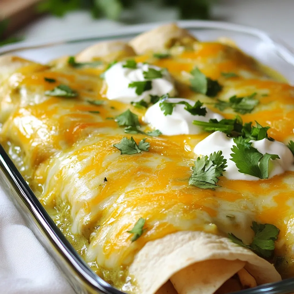 To make creamy green chili chicken enchiladas, you will need: - 2 cups cooked, shredded chicken - 1 cup shredded Monterey Jack cheese, divided - 1 cup sour cream - 1 can (10 oz) green chili enchilada sauce, plus extra for topping - 1 can (4 oz) diced green chilies, drained - 8 small flour tortillas - 1 tablespoon olive oil - 1 teaspoon garlic powder - 1 teaspoon ground cumin - 1/2 teaspoon salt - 1/2 teaspoon black pepper - Fresh cilantro, chopped, for garnish You can swap some ingredients to fit your taste: - Replace Monterey Jack cheese with cheddar or pepper jack for a bolder flavor. - Use Greek yogurt instead of sour cream for a healthier option. - Try corn tortillas instead of flour for a gluten-free version. - If you like heat, add diced jalapeños or use spicy enchilada sauce. These creamy enchiladas are satisfying. Each serving has: - Calories: 450 - Protein: 27g - Carbohydrates: 32g - Fat: 24g - Fiber: 2g - Sodium: 800mg This makes them a hearty meal option. Enjoy them with a side salad for balance! {{ingredient_image_2}} Start by preheating your oven to 375°F (190°C). This helps cook the enchiladas evenly. A hot oven gives the best results. In a medium bowl, mix 2 cups of cooked, shredded chicken with the following: - 1 cup sour cream - 1 can (10 oz) green chili enchilada sauce - 1 can (4 oz) diced green chilies, drained - 1 teaspoon garlic powder - 1 teaspoon ground cumin - 1/2 teaspoon salt - 1/2 teaspoon black pepper Add half of the 1 cup shredded Monterey Jack cheese to the bowl. Stir until it’s creamy and well combined. This filling is the heart of your enchiladas. Take an 8-inch flour tortilla and spoon in about 1/3 cup of the chicken mixture. Roll it tightly, tucking in the sides as you go. Place the rolled tortilla seam-side down in a greased 9x13 inch baking dish. Repeat this for all tortillas. You want to fit them snugly in the dish. Once all the tortillas are rolled and in the baking dish, pour any leftover green chili enchilada sauce over the enchiladas. This adds moisture and flavor. Sprinkle the remaining Monterey Jack cheese on top. Now, place the dish in the preheated oven. Bake for 25-30 minutes. Look for bubbling sauce and melted cheese with a golden hue. After baking, let them rest for a few minutes. This helps the filling set. Before serving, sprinkle fresh chopped cilantro on top for a burst of flavor. Enjoy your creamy enchiladas warm! To boost the taste of your creamy green chili chicken enchiladas, use fresh spices. Replace garlic powder with fresh minced garlic for a stronger flavor. You can also add more diced green chilies for extra heat. Consider mixing in some lime juice. The acidity brightens the dish and makes it more vibrant. You want your enchiladas to look as good as they taste. After baking, sprinkle fresh cilantro on top for color. A dollop of sour cream on each plate adds creaminess. Serve with a wedge of lime for a pop of freshness. Arrange your enchiladas in a neat line for a polished look. Cooking can take time, but there are ways to save it. Use rotisserie chicken instead of cooking your own. This cuts down on prep time. You can also prepare your filling a day ahead. Just store it in the fridge. When you’re ready, roll and bake your enchiladas. This method makes dinner quick and easy! Pro Tips Use Leftover Chicken: This recipe is perfect for using up leftover rotisserie chicken or any cooked chicken you have on hand, saving you time and enhancing flavor. Customize the Heat: Adjust the spiciness by choosing mild or hot green chili enchilada sauce and adding jalapeños or hot sauce to the filling if you like it spicy. Cheese Variations: Feel free to mix different cheeses such as Pepper Jack or Cheddar for a unique flavor twist. Just ensure they melt well! Make Ahead: You can assemble the enchiladas a day ahead and refrigerate them. Just add a few extra minutes to the baking time if baking from cold. {{image_4}} You can make these enchiladas vegetarian. Replace the chicken with cooked black beans or roasted vegetables. I love using zucchini, bell peppers, and mushrooms. Mix them with the sour cream and green chili sauce. This gives you a creamy and tasty filling. You can also add some corn for a sweet crunch. Want to spice things up? Add jalapeños or diced chipotle peppers to the filling. You can also use a spicier green chili sauce. If you like heat, try adding a sprinkle of cayenne pepper or hot sauce to the mix. This will give your enchiladas a fiery kick. Just remember to balance the heat with some cooling toppings like sour cream. Cheese makes these enchiladas creamy and rich. While Monterey Jack is great, you can try other cheeses too. Pepper Jack adds a nice kick, and cheddar gives a bold flavor. If you want something different, consider using queso fresco for a crumbly texture. Mixing different cheeses can add depth and make your enchiladas more exciting. To store leftovers, first cool the enchiladas. Place them in an airtight container. You can keep them in the fridge for up to three days. If you want to enjoy them later, freezing is a great option. When you're ready to eat, reheat the enchiladas. Preheat your oven to 350°F (175°C). Place the enchiladas in a baking dish. Cover them with foil to keep moisture in. Heat for about 20 minutes or until warm. You can also use the microwave. Heat for one to two minutes, checking every 30 seconds. To freeze, wrap each enchilada tightly in plastic wrap. Then, place them in a freezer-safe bag. Make sure to remove as much air as possible. They can last up to three months in the freezer. When you’re ready to eat, thaw them overnight in the fridge. Then, follow the reheating instructions. Enjoy your creamy green chili chicken enchiladas later! Yes, you can use corn tortillas. They add a great flavor. They are also gluten-free. Just warm them slightly to prevent cracking. This makes them easier to roll. To make the enchiladas spicier, add jalapeños. You can mix diced jalapeños into the filling. Another option is to use a spicier enchilada sauce. Choose sauces labeled "hot" or "spicy." You can also sprinkle chili powder into the mixture for extra heat. These enchiladas pair well with many sides. Consider serving them with Mexican rice. A fresh garden salad adds a nice crunch. You can also serve black beans or corn on the side. For a fun twist, add some guacamole or sour cream on top. This blog post covered how to make creamy green chili chicken enchiladas. You learned about essential ingredients, different cooking steps, and helpful tips. We explored variations to fit your taste and ways to store leftovers. I hope you feel inspired to try this dish at home. Don't hesitate to get creative and make it your own. Enjoy the process and savor the delicious results!
