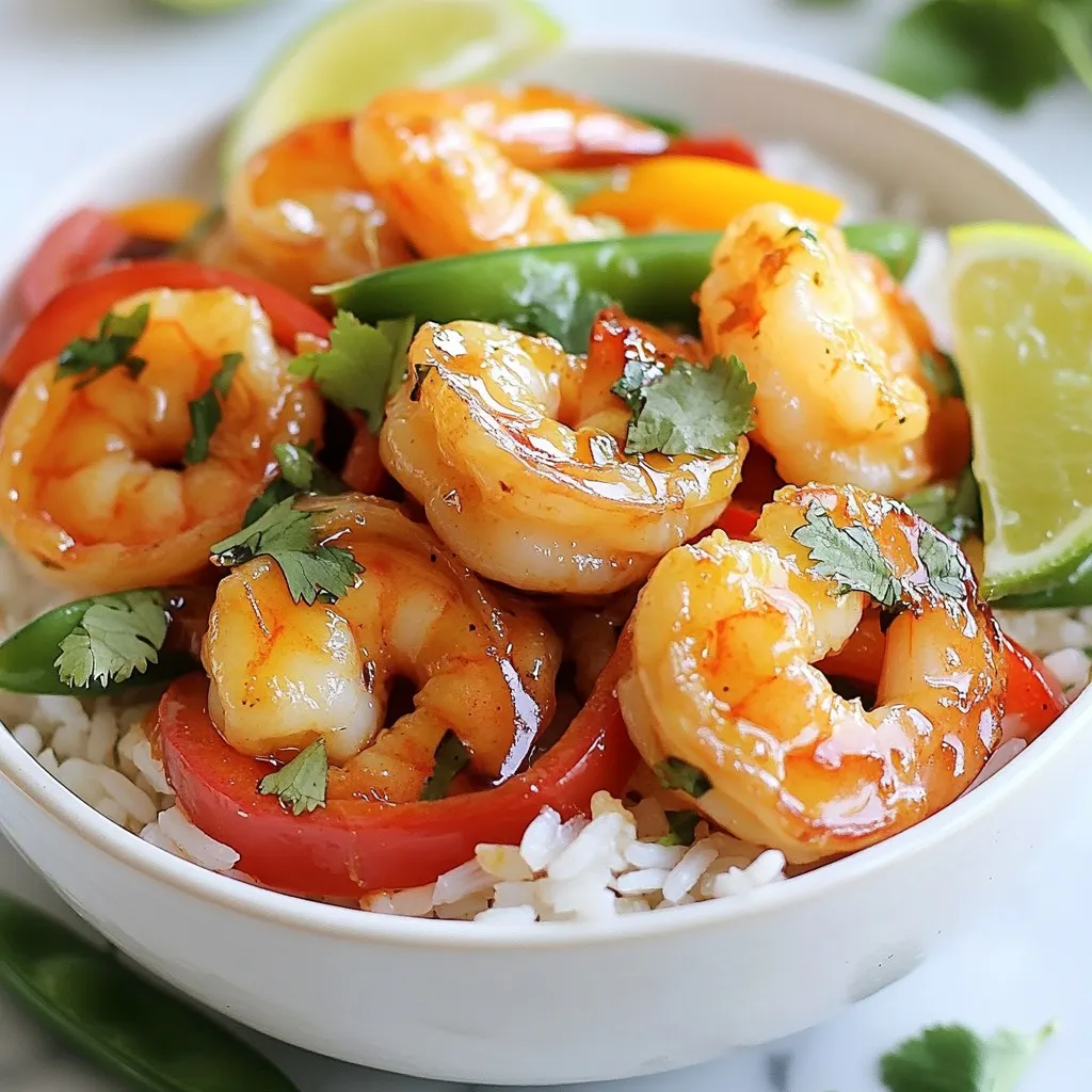 - 1 lb (450g) large shrimp, peeled and deveined - 2 tablespoons extra virgin olive oil - 4 cloves of garlic, finely minced - 1 teaspoon red pepper flakes - 1 cup jasmine rice - 2 cups vegetable broth - 1 bell pepper, thinly sliced - 1 cup snap peas, cleaned and trimmed - 2 green onions, finely sliced - 1 tablespoon low-sodium soy sauce - 2 tablespoons fresh cilantro, chopped - Salt and freshly cracked black pepper, to taste - Lime wedges, for garnish You need one pound of shrimp for this dish. The shrimp should be peeled and deveined for a clean bite. Use two tablespoons of olive oil to sauté the garlic and shrimp. The garlic adds a bold flavor, so use four cloves, finely minced. Adjust the red pepper flakes based on your spice level; one teaspoon is a good start. For the rice, one cup of jasmine rice is perfect, cooked in two cups of vegetable broth for extra taste. Slice the bell pepper thinly, and trim the snap peas for a fresh crunch. Two green onions will add brightness, while the cilantro gives a fresh finish. Use salt and black pepper to taste, and lime wedges for a zesty kick. If you can't find shrimp, try chicken or tofu as protein. For olive oil, any cooking oil will work, but extra virgin gives the best taste. If jasmine rice isn't available, use basmati or long-grain rice instead. For broth, chicken broth can add more flavor than vegetable broth. Bell peppers can be swapped for zucchini or carrots. If snap peas are hard to find, use green beans or broccoli. Finally, if you want a gluten-free option, choose tamari or coconut aminos in place of soy sauce. {{ingredient_image_2}} Start by rinsing the jasmine rice under cold water. This helps remove extra starch. You want the water to run clear. Next, put the rinsed rice in a pot with vegetable broth. Bring it to a boil over high heat. Then, lower the heat to let it simmer. Cover the pot with a lid and cook for about 15-18 minutes. The rice will be tender when done. Remove it from heat and let it sit for 5 minutes. This resting time makes the rice fluffy. While the rice cooks, heat olive oil in a large skillet over medium-high heat. Once the oil is hot, add minced garlic and red pepper flakes. Sauté this mix for about 30 seconds. You want the garlic to smell great but not burn. If it burns, it will taste bitter. Now, add the peeled and deveined shrimp to the skillet. Season them with a pinch of salt and black pepper. Cook the shrimp for 2-3 minutes on one side until they start to turn pink. Flip the shrimp and cook for another 1-2 minutes until fully cooked. They should be opaque and firm. Once done, take the shrimp out of the skillet and set them aside. In the same skillet, add sliced bell pepper and snap peas. Stir-fry these veggies for about 3-4 minutes. You want them tender but still a bit crisp. This keeps the dish fresh and colorful. Return the cooked shrimp to the skillet. Next, add the fluffy jasmine rice and a drizzle of soy sauce. Stir everything together gently. This helps combine the flavors. Heat through for another 1-2 minutes. Now, spoon the mixture into bowls. Top each bowl with sliced green onions, fresh cilantro, and a lime wedge for a zesty kick. Enjoy your Garlic Shrimp Rice Bowl! To get the best rice, rinse it well. Use cold water until it runs clear. This step helps remove extra starch. Cook the rice in vegetable broth for more flavor. Boil it, then reduce the heat and cover. Let it simmer for 15-18 minutes. After cooking, let it sit covered for 5 more minutes. This resting time makes the rice fluffy. Garlic adds great taste, but it burns easily. Heat your olive oil over medium-high heat. Add the minced garlic and red pepper flakes carefully. Sauté for about 30 seconds. Watch closely so it doesn’t burn. If garlic burns, it can taste bitter. You want it fragrant and golden, not dark. Cooking shrimp takes just a few minutes. After you sauté the garlic, add the shrimp to the pan. Season with salt and pepper. Cook for 2-3 minutes on one side until it turns pink. Flip the shrimp and cook for another 1-2 minutes. They should be opaque and fully cooked when done. Timing is key to keep them tender and juicy. Pro Tips Perfectly Cooked Shrimp: To ensure your shrimp are tender and juicy, avoid overcooking them. Remove them from heat as soon as they turn pink and opaque. Flavorful Rice: For an extra burst of flavor, toast the jasmine rice in the skillet with a bit of olive oil before adding the broth. This enhances the nuttiness of the rice. Fresh Vegetables: To maintain the vibrant colors and crunch of your bell peppers and snap peas, stir-fry them just until tender and still bright, about 3-4 minutes. Garnish for Appeal: Don't skip the garnish! Fresh cilantro and lime wedges not only add flavor but also a pop of color that makes your dish visually appealing. {{image_4}} If you want to mix things up, try other proteins. Chicken, beef, or scallops work well. For chicken, use boneless thighs. Cut them into chunks and cook them like shrimp. For beef, thinly slice sirloin or flank steak. Sauté it until browned and add it to the bowl. Scallops can replace shrimp too. They cook quickly and add a sweet flavor. You can make this dish vegan by swapping shrimp for tofu or tempeh. Firm tofu works best. Press it to remove excess water, then cut it into cubes. Pan-fry it until golden brown. Tempeh can be sliced thin and sautéed until crispy. Also, use vegetable broth for the rice. Skip the soy sauce if you want a soy-free option. Feel free to get creative with the vegetables. Broccoli, carrots, or zucchini make great choices. Chop broccoli into small florets and steam them lightly. Grate carrots for a sweet crunch. Zucchini can be sliced into half-moons and stir-fried. Mix and match your favorites to add color and nutrition. The more variety, the better! To keep your Garlic Shrimp Rice Bowl fresh, store it in an airtight container. Let the dish cool down to room temperature first. This step helps prevent moisture buildup. You can keep it in the fridge for up to three days. Make sure to separate the shrimp and rice if possible. This keeps the rice from getting too soggy. When it's time to enjoy leftovers, reheat carefully. You can use the microwave or a skillet. For the microwave, place the bowl in and cover it with a lid. Heat for about 1-2 minutes. Stir halfway through to ensure even heating. If using a skillet, add a splash of water to help steam the rice. Heat over low until warm. You can freeze Garlic Shrimp Rice Bowl for later. First, ensure it has cooled down completely. Then, place it in a freezer-safe container. Try to remove as much air as possible to prevent freezer burn. This dish can last up to three months in the freezer. To enjoy, thaw it overnight in the fridge and reheat as described above. You can pair this rice bowl with a crisp salad. A simple green salad or coleslaw works well. You might also enjoy it with steamed broccoli or roasted asparagus. For a fun touch, add some crusty bread to soak up the flavors. Lime wedges make a great garnish too, adding a fresh zing. Yes, frozen shrimp can work great! Just be sure to thaw them first. Place them in cold water for about 15 minutes. Once thawed, pat them dry. This helps keep your dish from getting watery. Cook them just like fresh shrimp for best results. To spice it up, add more red pepper flakes. You can also toss in some diced jalapeños or sriracha. Start with small amounts and taste as you go. This way, you can find the perfect heat level for your taste buds. Yes, this recipe can be gluten-free! Just use gluten-free soy sauce instead of regular soy sauce. Most other ingredients are naturally gluten-free. Always check labels to be sure, especially for broth or any pre-packaged items. This blog post covered how to make a fantastic garlic shrimp rice bowl. We discussed each ingredient and its substitutes. I shared step-by-step instructions to guide you through the cooking process. You learned tips for cooking perfectly textured rice and timing shrimp. We explored variations for different diets and preferences. Lastly, I provided storage info to keep your meal fresh. Remember, you can customize this dish to your taste. Enjoy creating your own version!